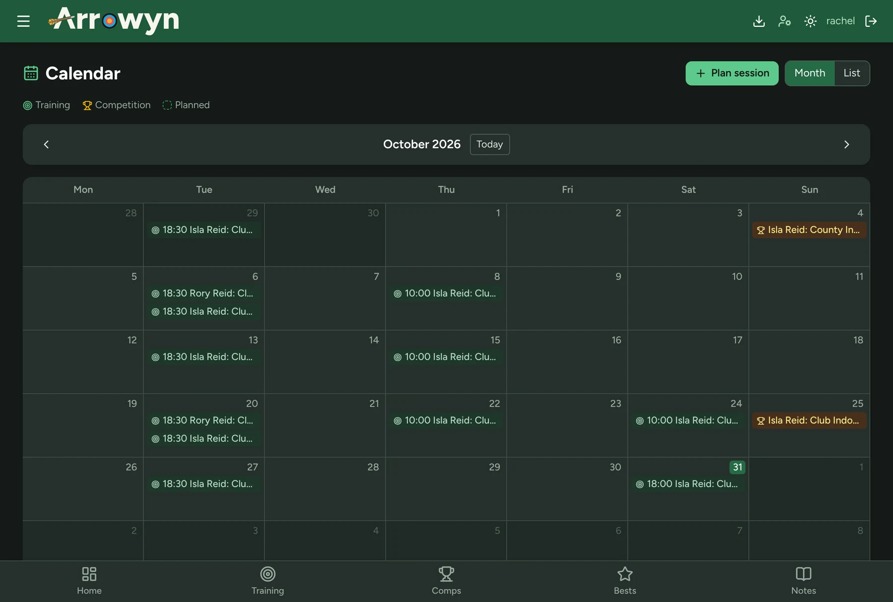 The Arrowyn calendar for October: training nights for both archers and two competitions, each marked with an icon as well as a colour